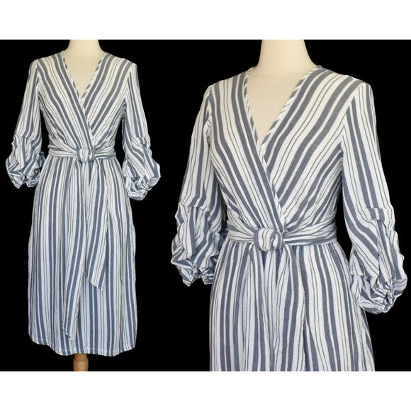 Vintage Y2K Max Studio Blue Stripe Day Dress, Faux Wrap Bodice, New with Tags S - Picture 2 of 9